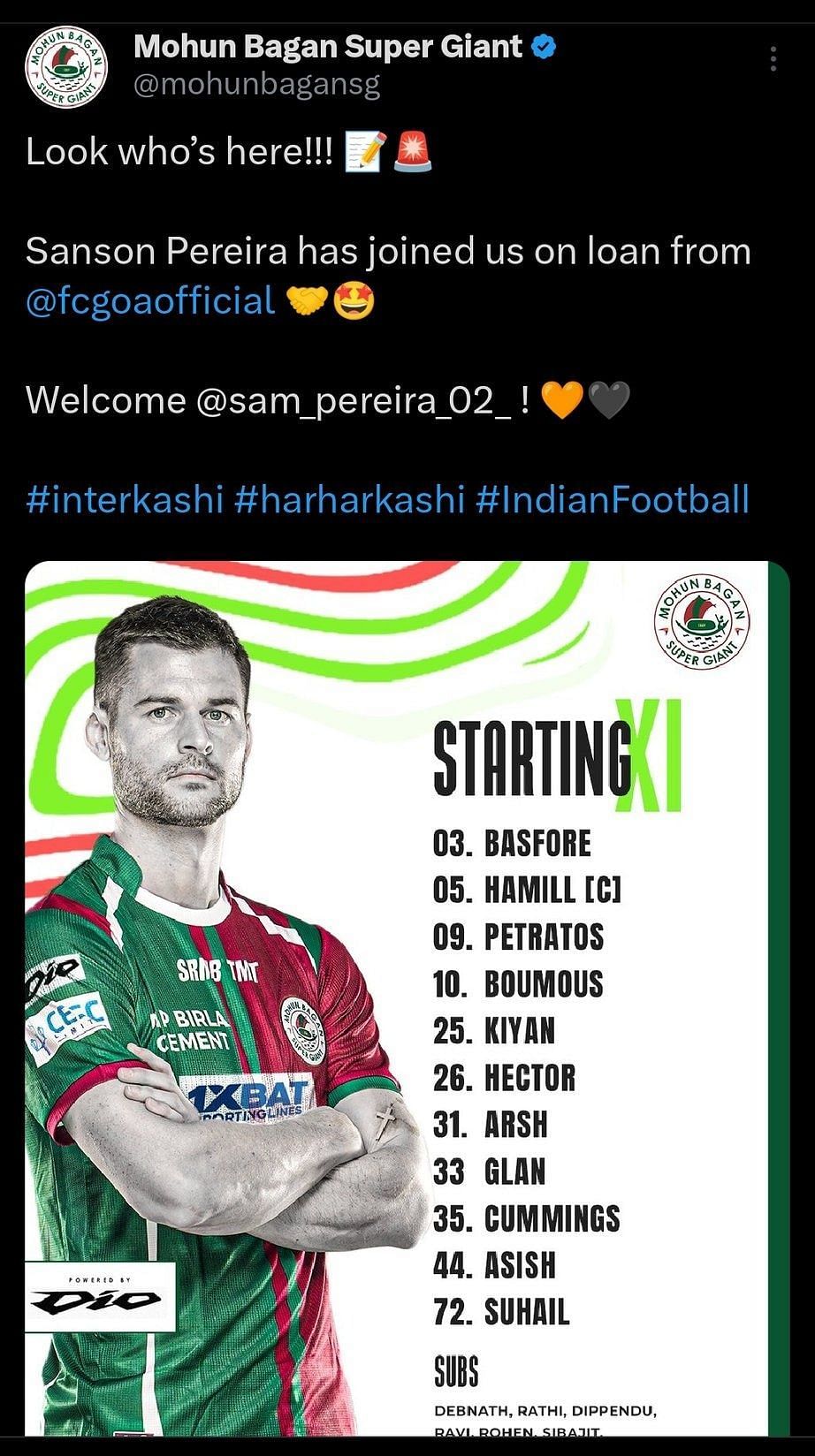 The screenshot of a goofed-up tweet in which Mohun Bagan Super Giant welcomed Sanson Pereira who joined Inter Kashi FC on load from FC Goa